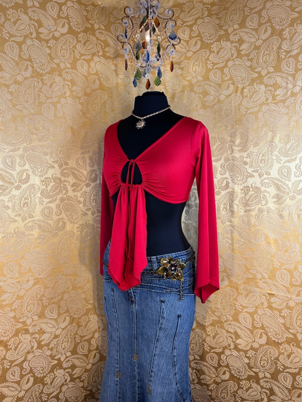 ✨Vintage Y2K Boho Hot Cherry Ruched Micro Bell Sleeve Top✨